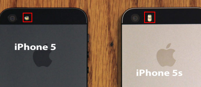 У iPhone 5 камера вже, а у iPhone 5S на кнопки «Додому» є квадрат, який позначає наявність функції Touch ID