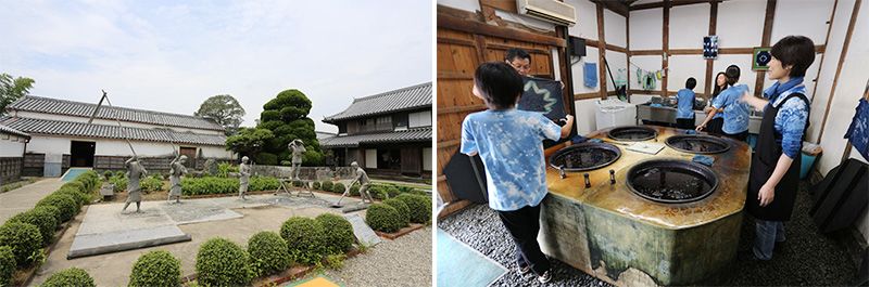 У музеї «Аі-но яката», розташованому в колишньому особняку торговця індиго з Токусіма (зліва), відвідувачі можуть спробувати себе в традиційному ремеслі фарбування тканин аідзоме (праворуч)